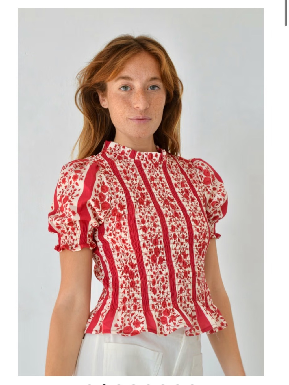 Red Floral Smocked Puff-Sleeve Blouse with Ruffle Neck